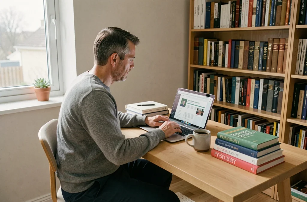 Thérapeute homme suivant une formation en ligne depuis son bureau à domicile entouré de livres de psychologie