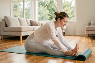 Femme enceinte pratiquant le yoga prénatal sur un tapis de sport dans un salon lumineux