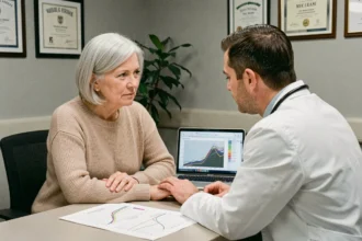 Patiente atteinte de cancer en consultation oncologique avec un médecin, analysant des courbes de survie après récidive