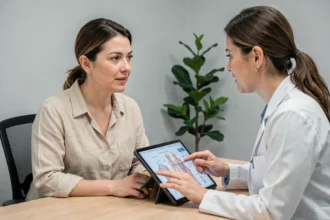 Femme consultant une médecin spécialiste pour un problème de sérum opalescent persistant malgré un régime alimentaire