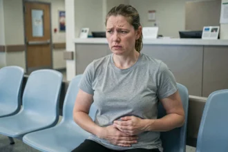 Femme assise aux urgences tenant son côté droit du ventre avec une expression de douleur