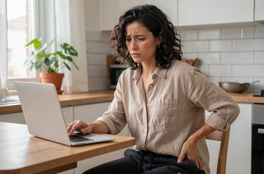 Femme chez elle qui cherche des informations sur internet pour une douleur au côté droit du ventre