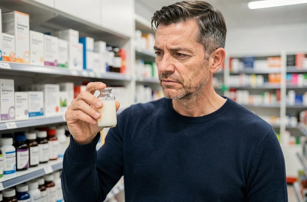 Homme tenant un flacon de liquide opalescent en pharmacie, s'interrogeant sur la persistance d'un sérum trouble malgré son régime