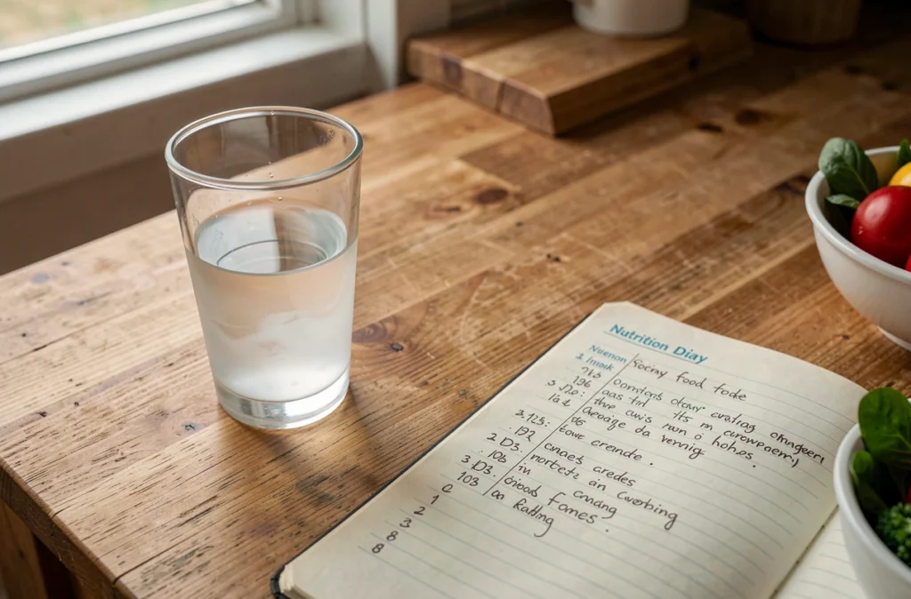 Verre d'eau opalescente posé sur une table avec un journal alimentaire, illustrant la persistance d'un sérum trouble malgré un régime