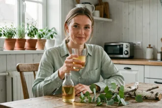 Femme tenant un verre de jus de bouleau frais dans une cuisine rustique scandinave, entourée de branches de bouleau printanières